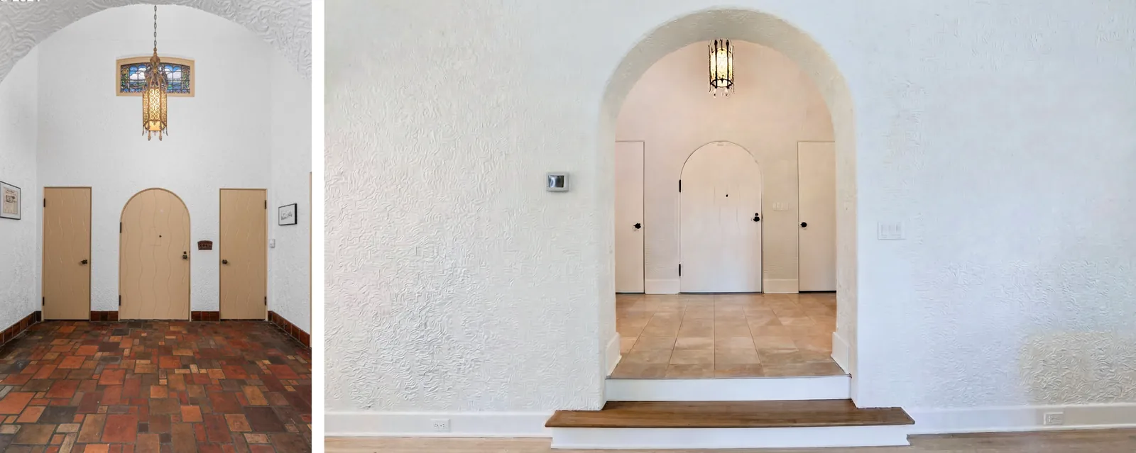 Entry before and after — original arch, stained glass and lantern kept over new stone floor